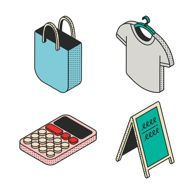 Escena de negocios isométrica elegante con estilo de dibujos animados de líneas limpias para el comercio minorista