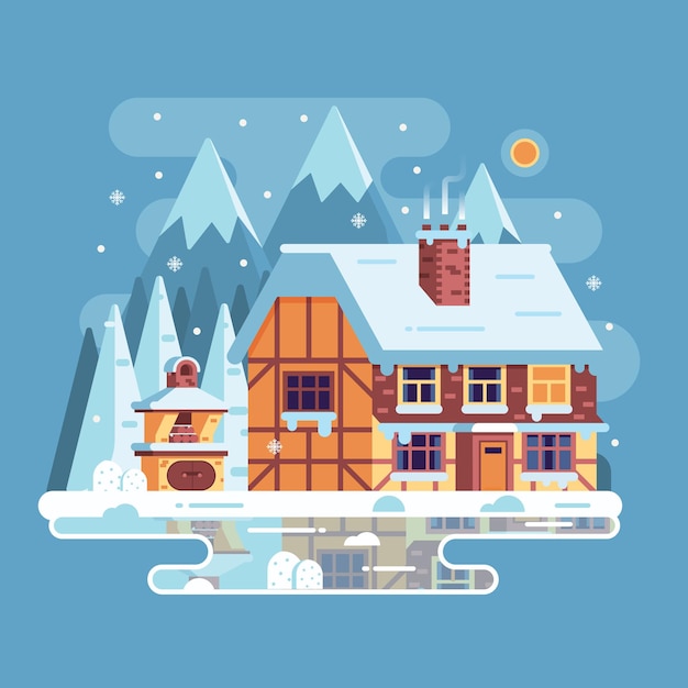 Escena nevada con casa rural de invierno con chimenea humeante en el fondo de la montaña. Cabaña forestal o cabaña de madera en el lago congelado durante el invierno. Bandera de paisaje de casa nevada de dibujos animados.