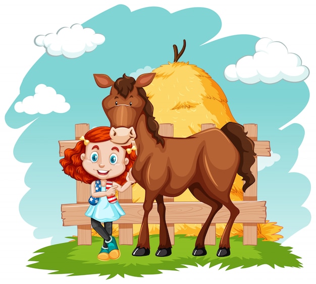 Escena con niña y caballo marrón