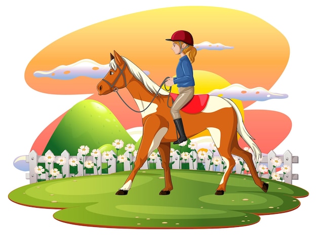 Vector una escena de niña montando a caballo por la tarde.