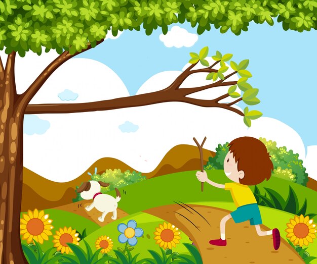 Escena con niño persiguiendo perro en el parque