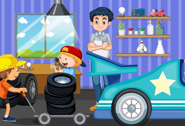 Vector escena con un niño reparando auto con su papá.