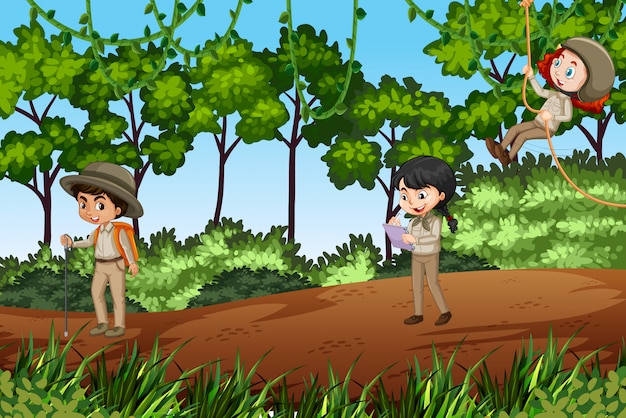 Escena con niños explorando la naturaleza