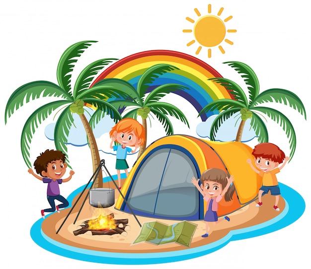 Escena con niños felices acampando en la isla
