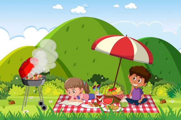 Vector escena con niños felices comiendo en el parque