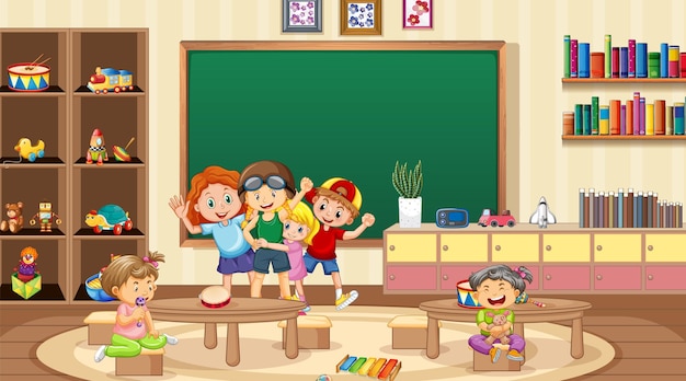 Vector escena con niños jugando en el aula.