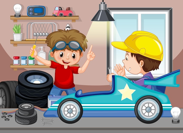 Vector escena con niños reparando coches de juguete juntos.