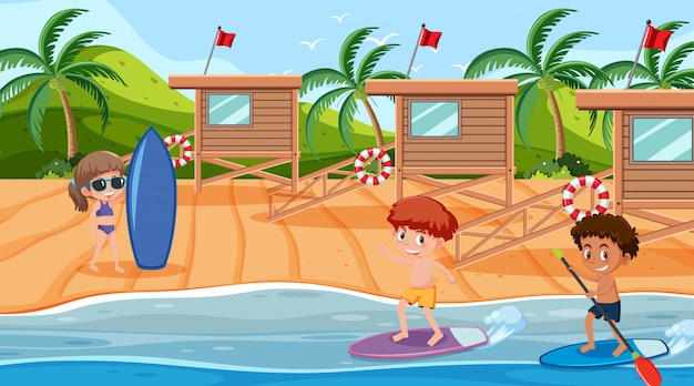 Vector escena con niños surfeando en el océano