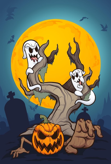 Vector escena de la noche de halloween con fantasmas y calabaza.