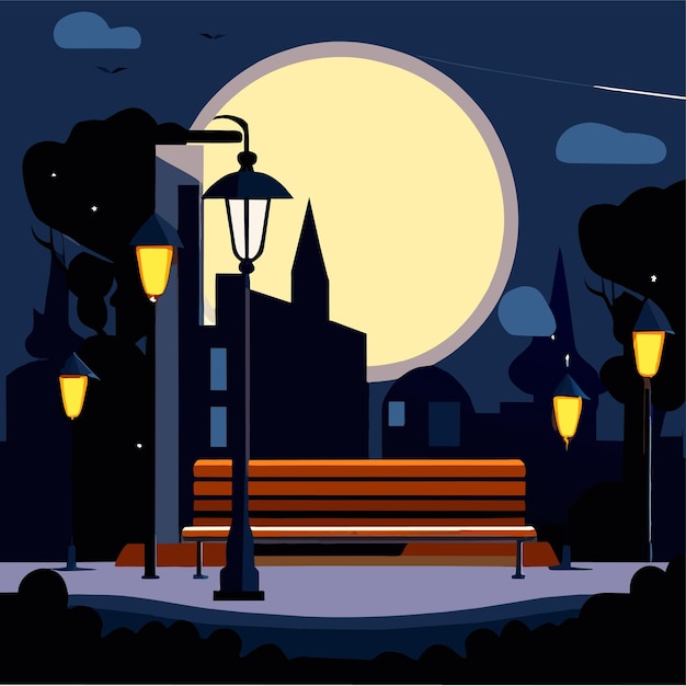 Vector escena nocturna con banco de madera y lámpara alta con iluminación en el paisaje urbano de dibujos animados del parque
