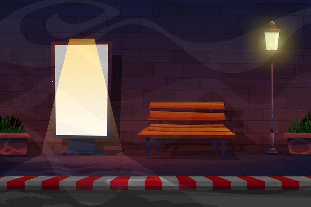 Escena nocturna de carretera con cabinas telefónicas, letrero para publicidad con spotlignt