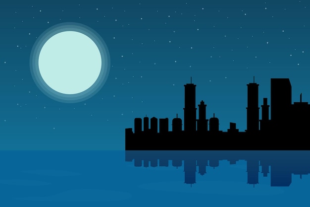 Una escena nocturna con una ciudad y la luna.