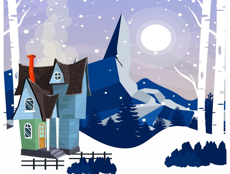 Escena nocturna de invierno Una casa en la nieve con montañas y árboles