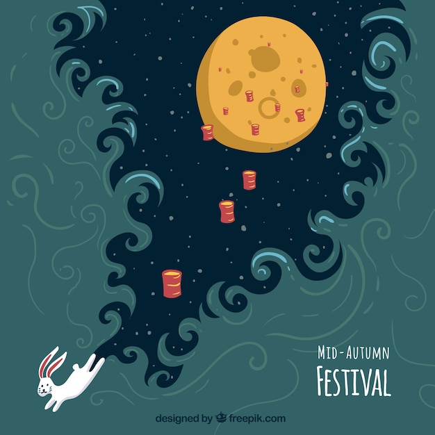 Vector escena nocturna con una luna llena y un conejo, festival del medio otoño