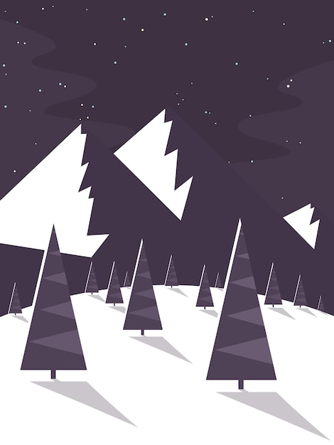 Vector escena nocturna del paisaje de invierno estilo de diseño plano