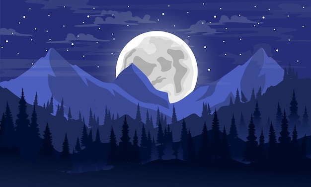 Vector una escena nocturna con un paisaje de montaña y la luna.