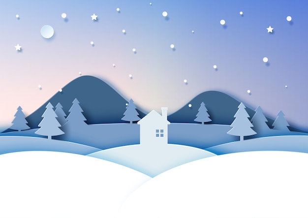 Escena nocturna del paisaje de temporada de invierno