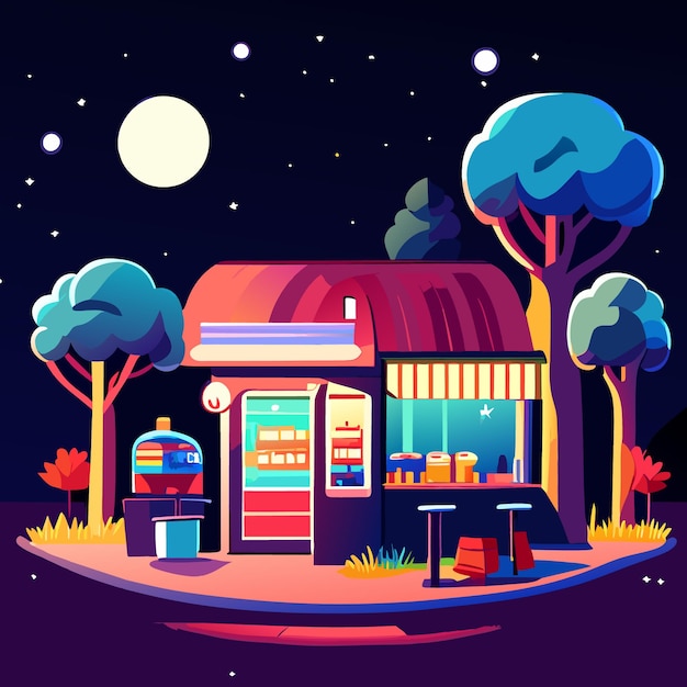 Vector escena nocturna con tienda de bebidas en el paisaje urbano de dibujos animados del parque con exterior
