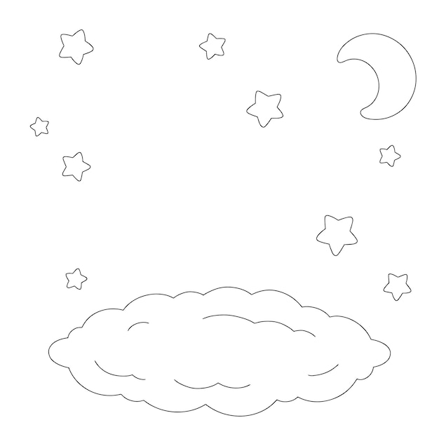 Escena con nubes y estrellas Página de libro para colorear para niños Ilustración vectorial de estilo dibujos animados aislada sobre fondo blanco