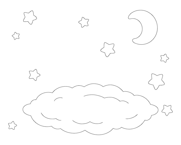 Escena con nubes y estrellas Página de libro para colorear para niños