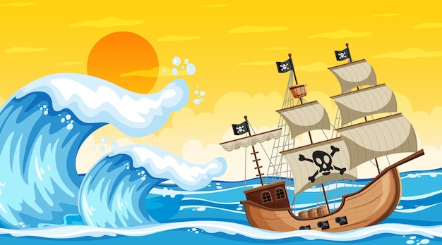 Escena del océano al atardecer con barco pirata en estilo de dibujos animados