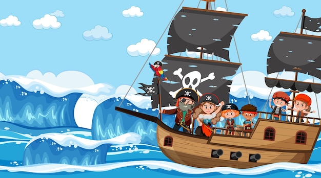 Escena del océano durante el día con niños piratas en el barco.