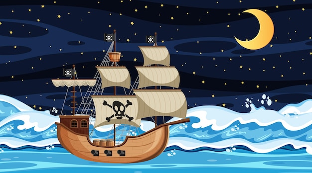 Escena del océano en la noche con barco pirata en estilo de dibujos animados