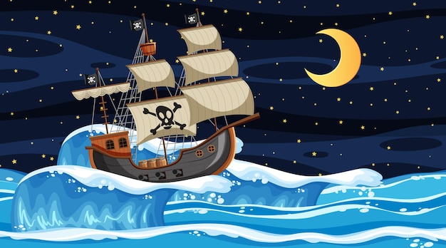 Escena del océano en la noche con barco pirata en estilo de dibujos animados