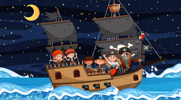 Escena del océano por la noche con niños piratas en el barco.