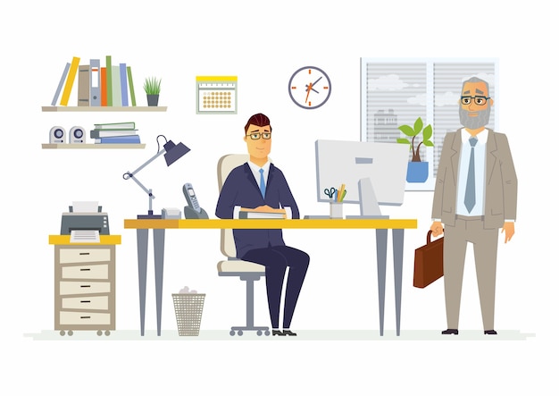 Escena de la oficina - ilustración vectorial de una situación empresarial. personajes de dibujos animados de colegas masculinos jóvenes y senior, socios discutiendo el trabajo. gerente, supervisor, consultor, cliente hablando