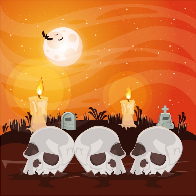 Vector escena oscura de halloween con cabezas de calaveras