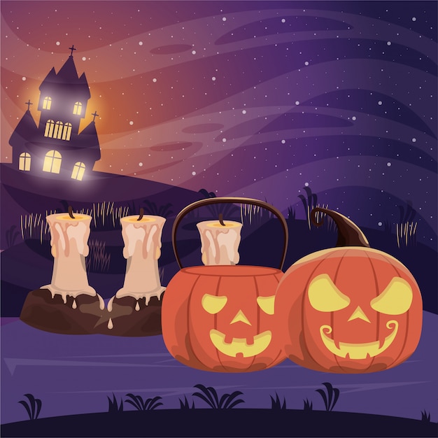 Escena oscura de Halloween con calabazas y velas