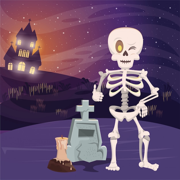 Escena oscura de Halloween con esqueleto