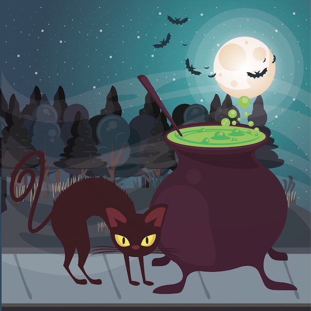 Vector escena oscura de halloween con gato negro y caldero