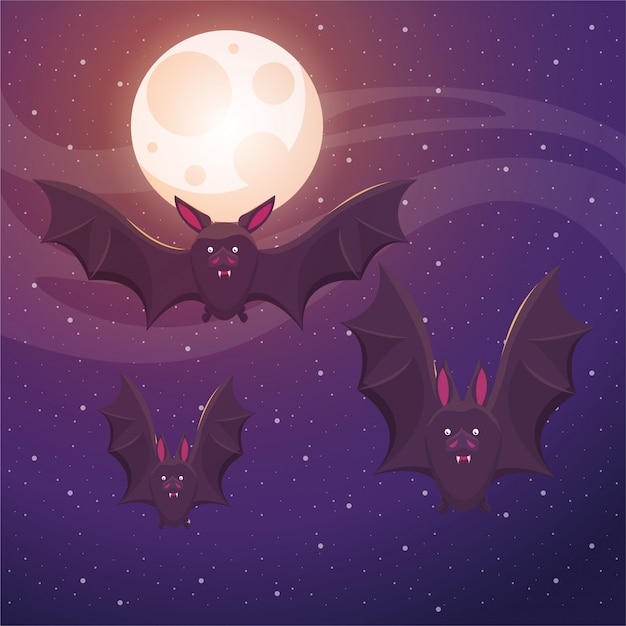 Vector escena oscura de halloween con murciélagos volando