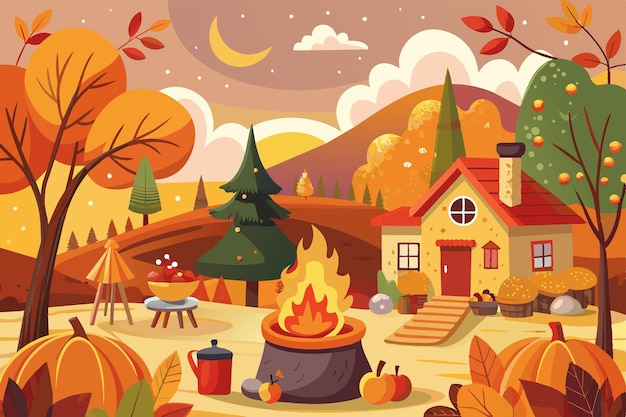 Escena de otoño de dibujos animados con árboles de casa, calabazas y fogata
