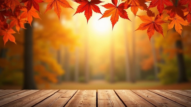 escena de otoño con mesa de madera y hojas