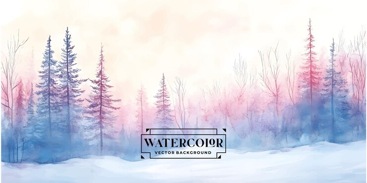 Una escena del país de las maravillas de invierno ilustrada con un estilo de acuarela de árboles y una capa de nieve