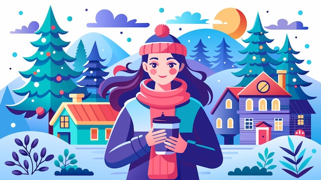 Vector escena del país de las maravillas de invierno con una mujer alegre sosteniendo café