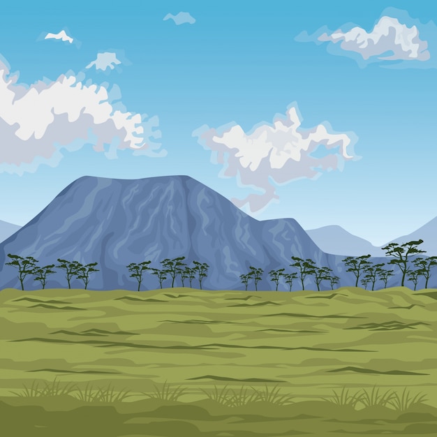 Vector escena paisaje africano con montañas y pradera