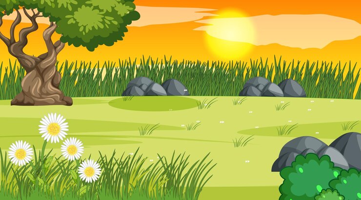 Vector escena de paisaje en blanco de un parque natural a la hora de la puesta del sol