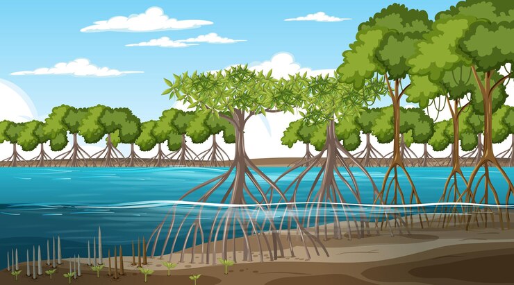 Vector escena del paisaje del bosque de manglares durante el día con muchos animales diferentes