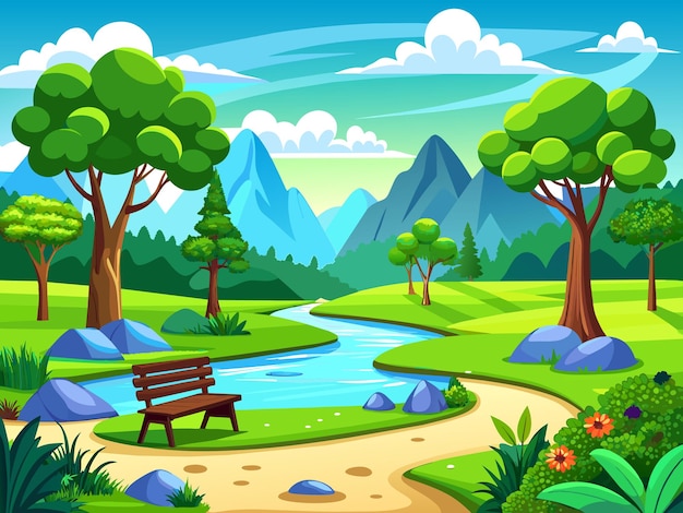 Escena de paisaje de bosque con río y muchos árboles ilustración vectorial