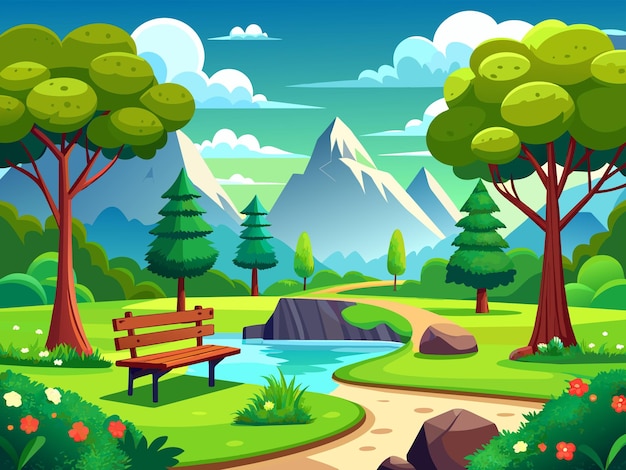 Vector escena de paisaje de bosque con río y muchos árboles ilustración vectorial