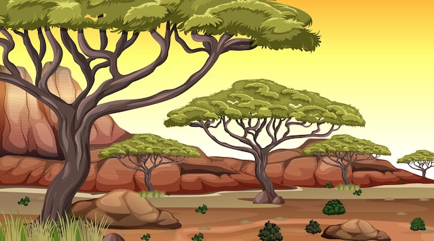 Vector escena de paisaje de bosque de sabana africana al atardecer