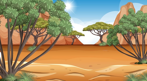 Vector escena del paisaje del bosque de la sabana africana durante el día