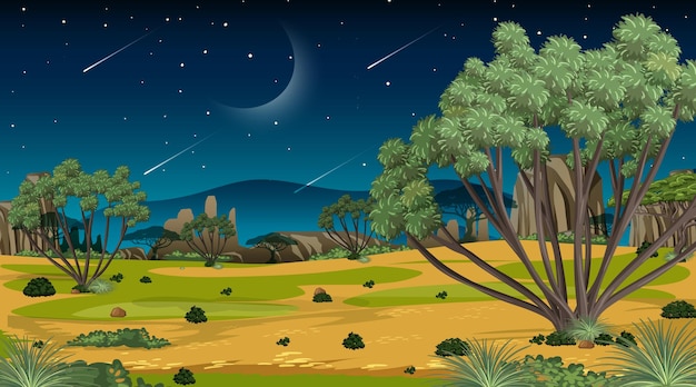 Vector escena de paisaje de bosque de sabana africana en la noche