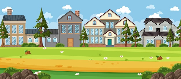 Escena de paisaje con casas en campo verde.