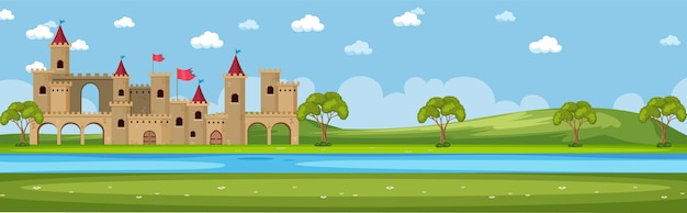 Vector escena de paisaje con castillo medieval.