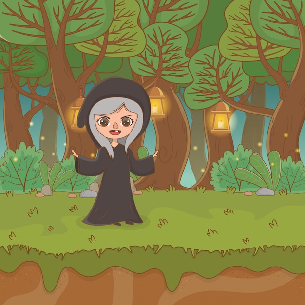 Escena del paisaje de cuento de hadas con bruja